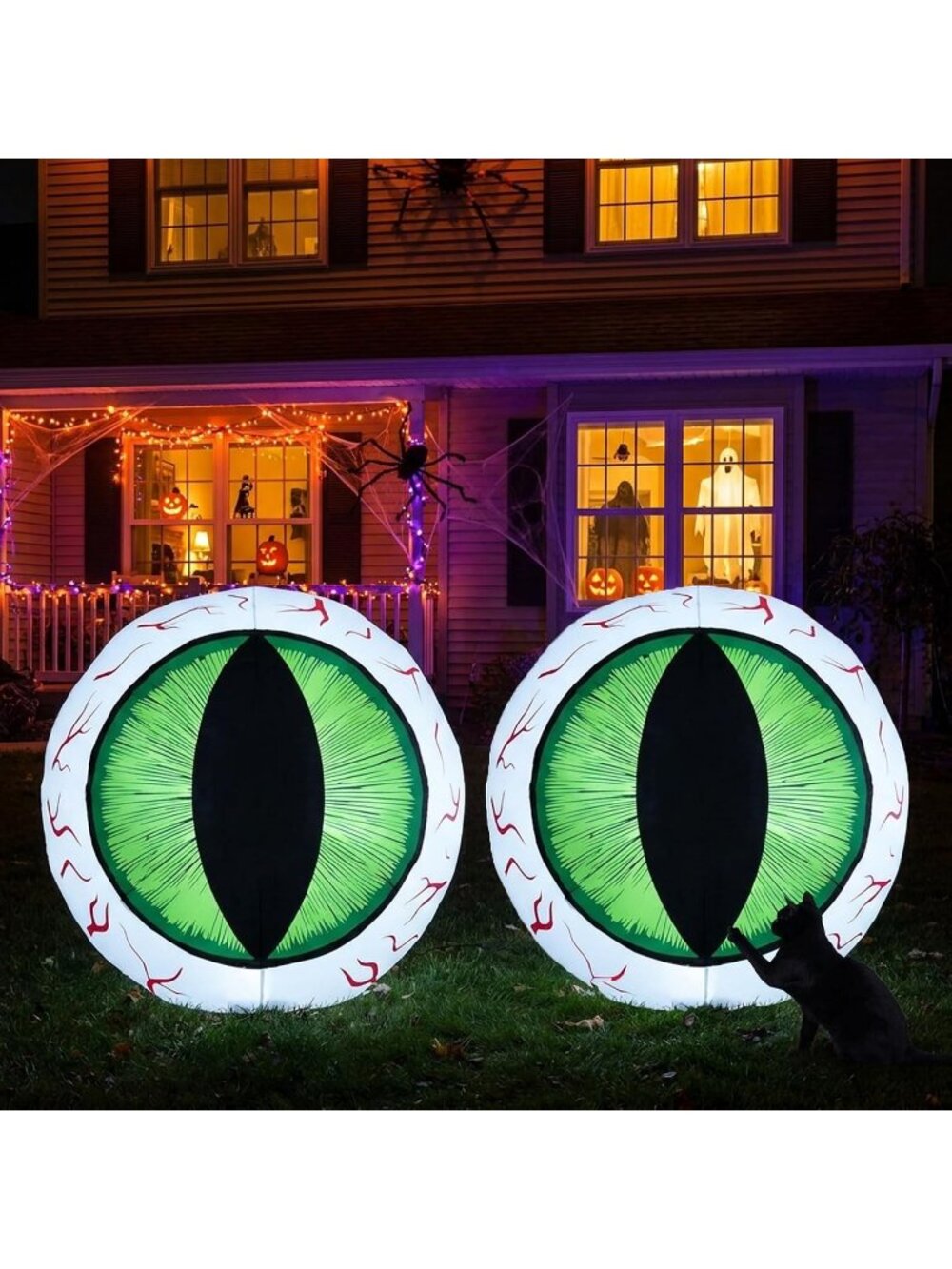 🎃4FT Halloween Outdoor Eyeball Yard Decor with LED Lights 2PCS Giant Green Cat